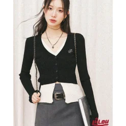 Liilou Fake-2-Piece Color Blocked V-Neck Slim Knit Top Black