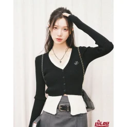 Liilou Fake-2-Piece Color Blocked V-Neck Slim Knit Top Black