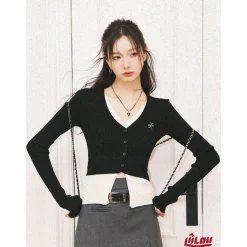 Liilou Fake-2-Piece Color Blocked V-Neck Slim Knit Top Black