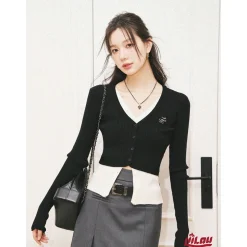 Liilou Fake-2-Piece Color Blocked V-Neck Slim Knit Top Black