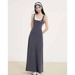 Liilou Fake-2-Piece Contrast Color Patchwork Long Dress