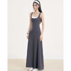 Liilou Fake-2-Piece Contrast Color Patchwork Long Dress