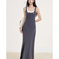 Liilou Fake-2-Piece Contrast Color Patchwork Long Dress