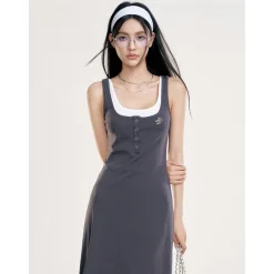 Liilou Fake-2-Piece Contrast Color Patchwork Long Dress