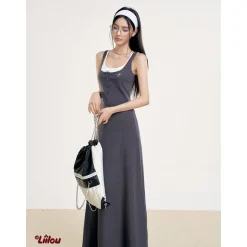 Liilou Fake-2-Piece Contrast Color Patchwork Long Dress