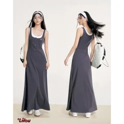 Liilou Fake-2-Piece Contrast Color Patchwork Long Dress