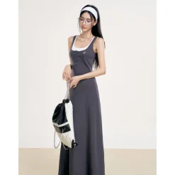 Liilou Fake-2-Piece Contrast Color Patchwork Long Dress