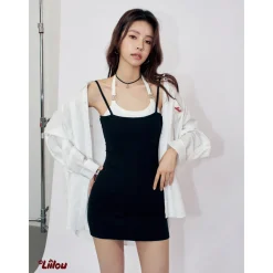 Liilou Fake-2-Piece Halter Waisted Slip Dress Black