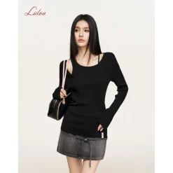 Liilou Fake-2-Piece Irregular Off-Shoulder Knit Top Black