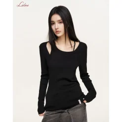 Liilou Fake-2-Piece Irregular Off-Shoulder Knit Top Black