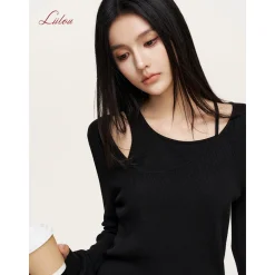 Liilou Fake-2-Piece Irregular Off-Shoulder Knit Top Black