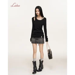 Liilou Fake-2-Piece Irregular Off-Shoulder Knit Top Black