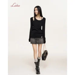 Liilou Fake-2-Piece Irregular Off-Shoulder Knit Top Black