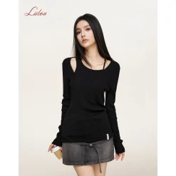 Liilou Fake-2-Piece Irregular Off-Shoulder Knit Top Black
