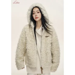 Liilou Fur Integrated Curly-Fur Hooded Woolen Fleece Jacket