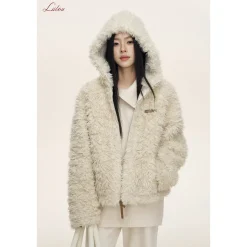 Liilou Fur Integrated Curly-Fur Hooded Woolen Fleece Jacket