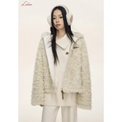 Liilou Fur Integrated Curly-Fur Hooded Woolen Fleece Jacket