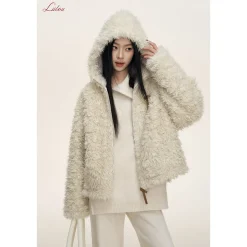 Liilou Fur Integrated Curly-Fur Hooded Woolen Fleece Jacket