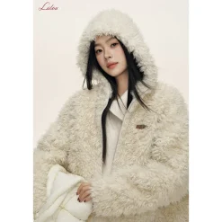 Liilou Fur Integrated Curly-Fur Hooded Woolen Fleece Jacket