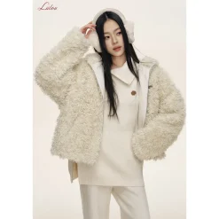Liilou Fur Integrated Curly-Fur Hooded Woolen Fleece Jacket