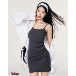Liilou Irregular Hem Waisted Wrap Hip Slip Dress Dark Grey