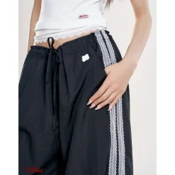 Liilou Lace Edge Patchwork Wide-Leg Pants Black