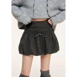 Liilou Lace Up High Waist Tweed Bud Skirt Gray