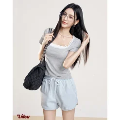 Liilou Lace-Up Elastic-Waist Denim Shorts Light Blue