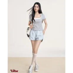 Liilou Lace-Up Elastic-Waist Denim Shorts Light Blue