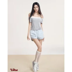 Liilou Lace-Up Elastic-Waist Denim Shorts Light Blue