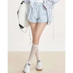 Liilou Lace-Up Elastic-Waist Denim Shorts Light Blue