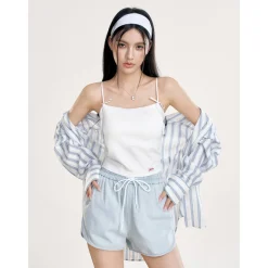 Liilou Lace-Up Elastic-Waist Denim Shorts Light Blue