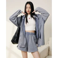 Liilou Logo Embroidery High Waist Casual Shorts Washed Blue