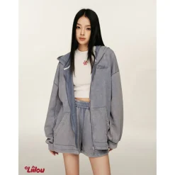 Liilou Logo Embroidery Zip Up Hoodie Washed Blue