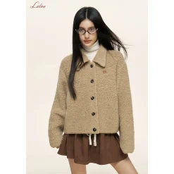 Liilou Loop Woolen Lapel Fleece Cardigan Khaki