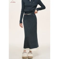 Liilou Merino Woolen Fake-2-Piece Knit Long Skirt Dark Gray