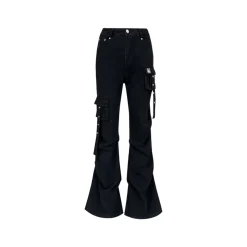 Liilou Multi-Pocket Wrinkle Flared Cargo Pants Black