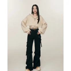 Liilou Multi-Pocket Wrinkle Flared Cargo Pants Black