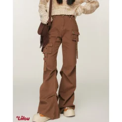 Liilou Multi-Pocket Wrinkle Flared Cargo Pants Brown