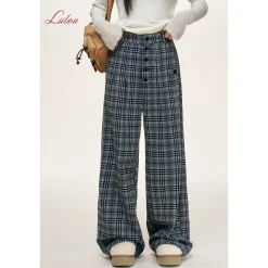 Liilou Plaid Contrast Color Wide-Leg Tweed Pants Blue