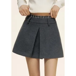 Liilou Plaid Patchwork Double Waist Woolen Tweed Skirt Gray