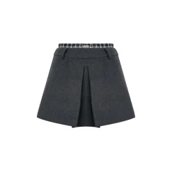 Liilou Plaid Patchwork Double Waist Woolen Tweed Skirt Gray