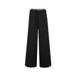Liilou Plaid Patchwork Drawstring Striped Pants Dark Grey