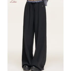 Liilou Plaid Patchwork Drawstring Striped Pants Dark Grey