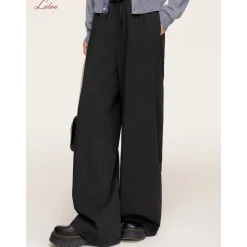 Liilou Plaid Patchwork Drawstring Striped Pants Dark Grey