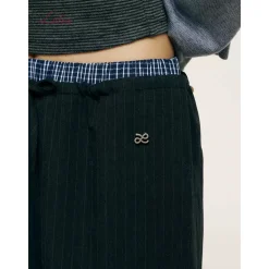 Liilou Plaid Patchwork Drawstring Striped Pants Dark Grey