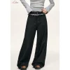 Liilou Plaid Stringy Lace Edge Wide-Leg Fleece-Lined Jeans