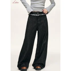 Liilou Plaid Stringy Lace Edge Wide-Leg Fleece-Lined Jeans