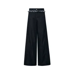 Liilou Plaid Stringy Lace Edge Wide-Leg Fleece-Lined Jeans