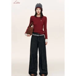 Liilou Plaid Stringy Lace Edge Wide-Leg Fleece-Lined Jeans